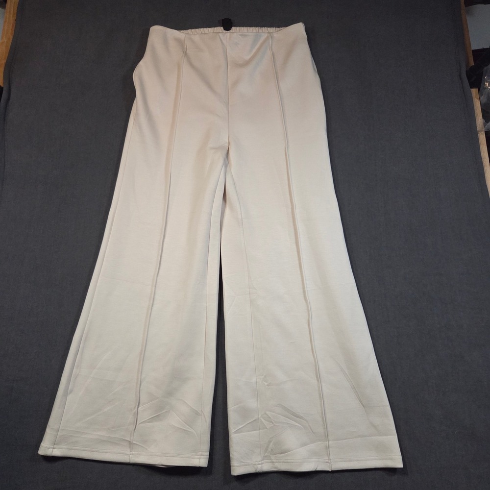 PrettyGarden Wide Leg Pants Womens Large Cream Pintuck Elastic Waist Trousers